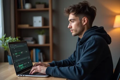 Jeune homme convertissant une vidéo YouTube en MP4 sur son ordinateur portable depuis un bureau à domicile