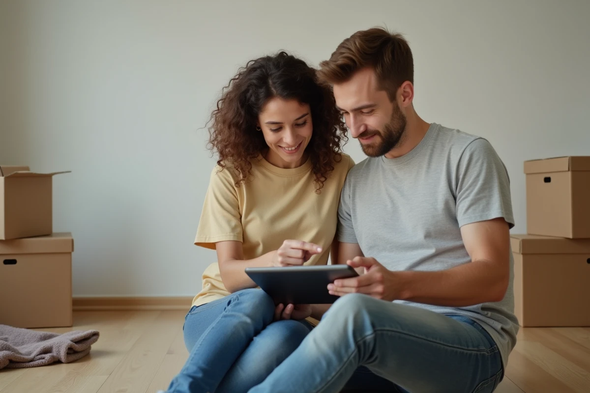 Couple consultant une liste administrative sur tablette lors d'un déménagement avec erreur d'adresse