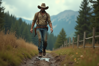 Homme cowboy flottant au milieu d’un sentier boueux en forêt
