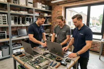 Équipe de techniciens en dépannage informatique dans un atelier moderne en Seine-Saint-Denis