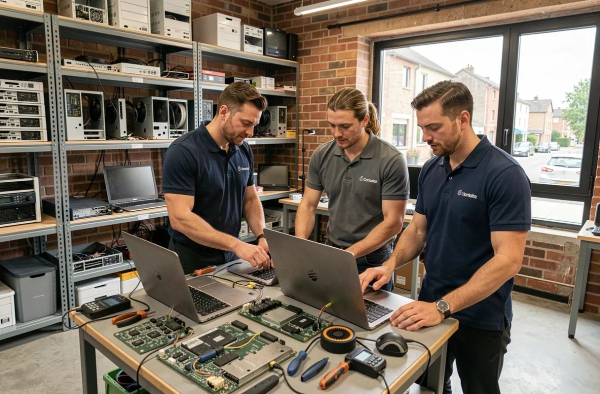 Équipe de techniciens en dépannage informatique dans un atelier moderne en Seine-Saint-Denis