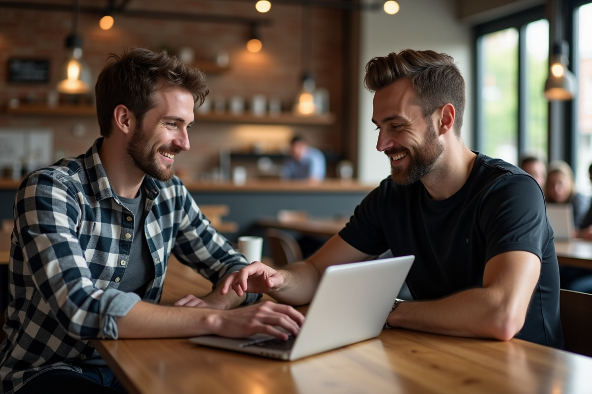 Deux hommes discutant de fichiers magnet et torrent dans un café animé