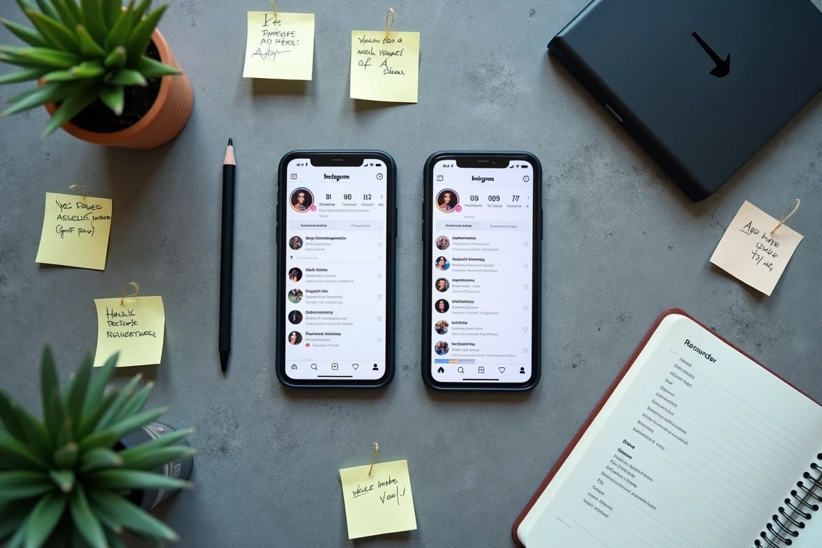 Vue aérienne de deux smartphones affichant des profils Instagram différents sur un bureau, symbolisant la gestion anonyme d'un deuxième compte et ses erreurs courantes