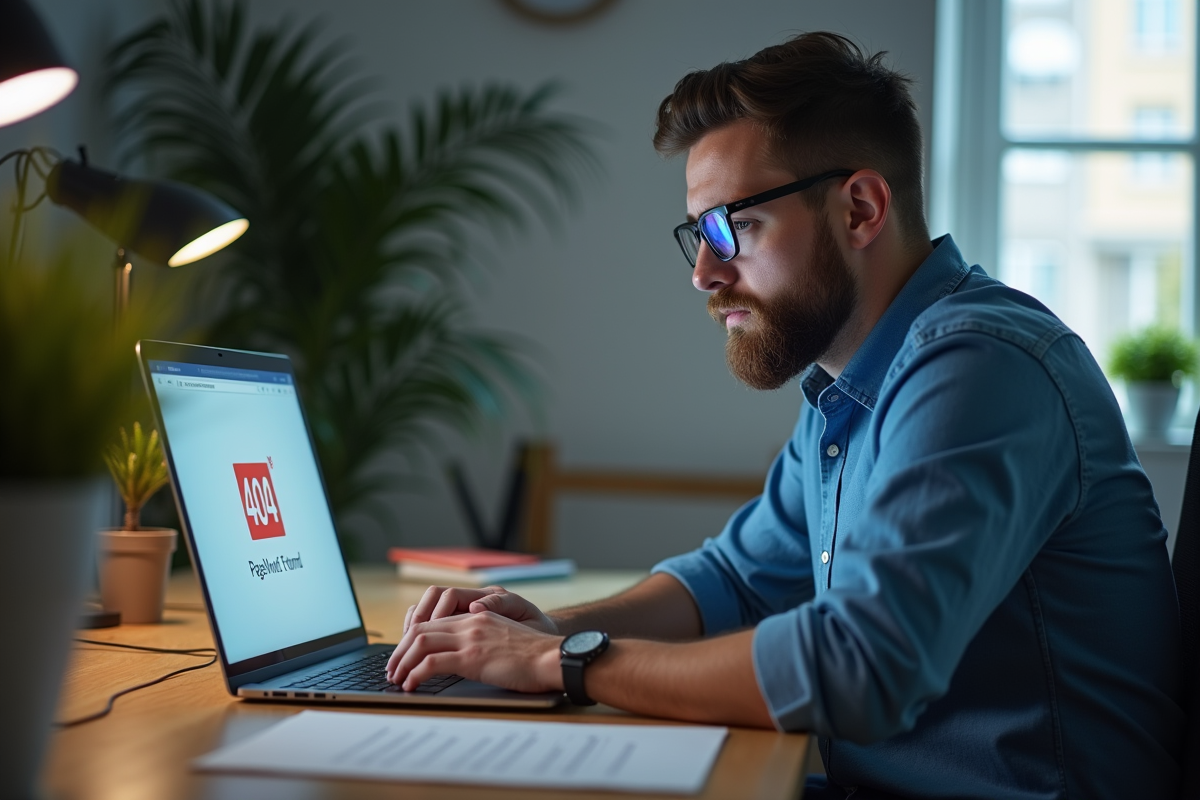 Jeune homme IT frustré devant un écran 404