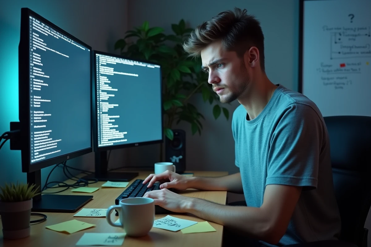 Jeune développeur administrant un serveur Minecraft gratuit depuis un bureau à domicile avec deux écrans de terminal