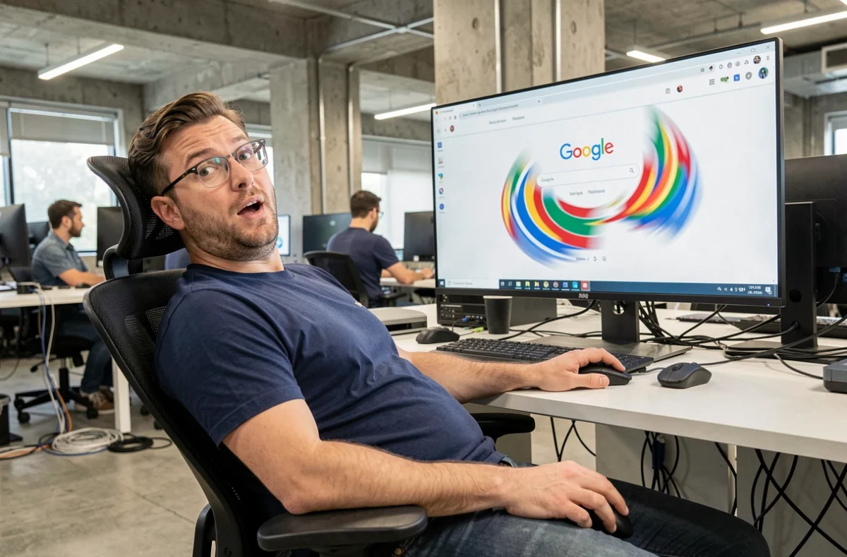 Développeur surpris dans un bureau open-space regardant Google effectuer un barrel roll sur son écran ultrawide