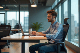 Jeune developpeur concentré devant son ordinateur dans un bureau moderne