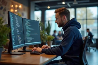 Développeur logiciel concentré devant son écran en open space