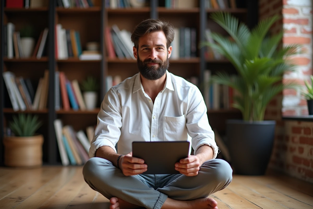 Développeur indépendant étudiant les propriétés Flex Extend CSS sur une tablette dans son bureau à domicile