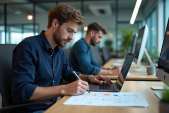 Jeune homme developpeur logiciel travaillant sur un flowchart au bureau