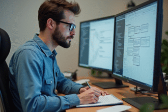 Jeune developpeur web en pleine réflexion devant son écran