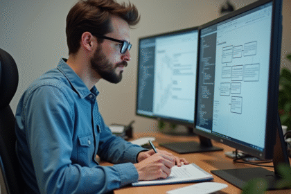 Jeune developpeur web en pleine réflexion devant son écran