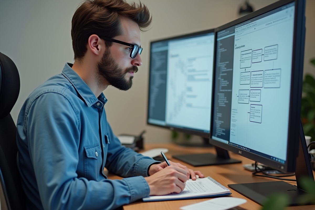 Jeune developpeur web en pleine réflexion devant son écran