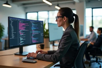 Développeuse web concentrée rédigeant du code CSS Flexbox sur un grand écran dans un bureau moderne