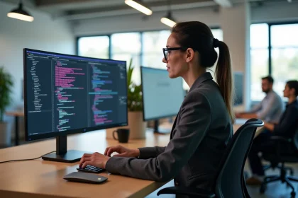 Développeuse web concentrée rédigeant du code CSS Flexbox sur un grand écran dans un bureau moderne