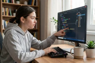 Développeuse Python analysant une erreur dans son code sur un écran d'ordinateur dans un bureau à domicile