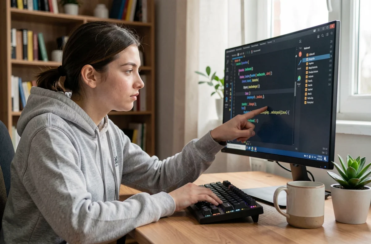 Développeuse Python analysant une erreur dans son code sur un écran d'ordinateur dans un bureau à domicile
