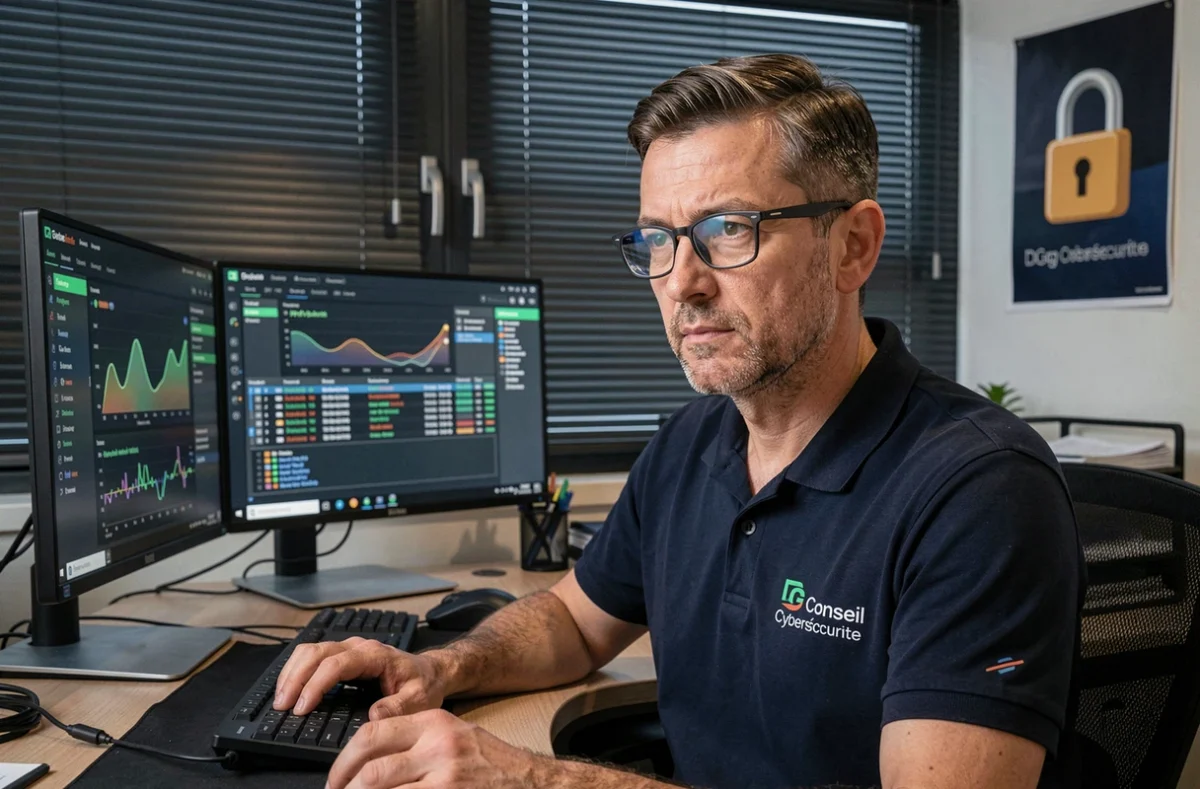 Consultant DG Conseil Cybersécurité analysant des tableaux de bord de sécurité informatique
