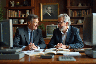 Homme et femme en discussion dans un bureau ancien sur fond de livres et vieux ordinateurs