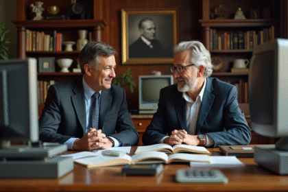 Homme et femme en discussion dans un bureau ancien sur fond de livres et vieux ordinateurs