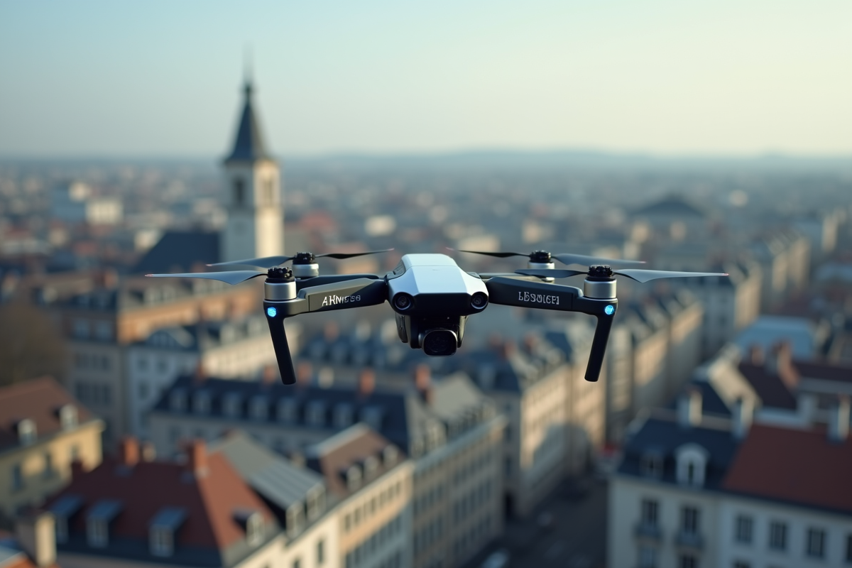 Drone survolant une ville française avec bâtiments et toits visibles