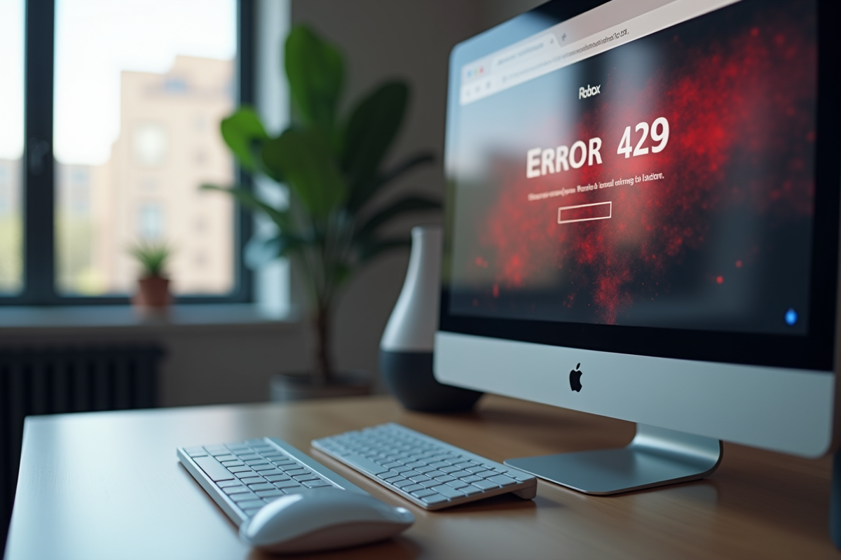 Écran d'ordinateur affichant erreur 429 sur Roblox dans un bureau lumineux