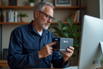 Électricien vérifiant un UPS 500VA dans un bureau moderne
