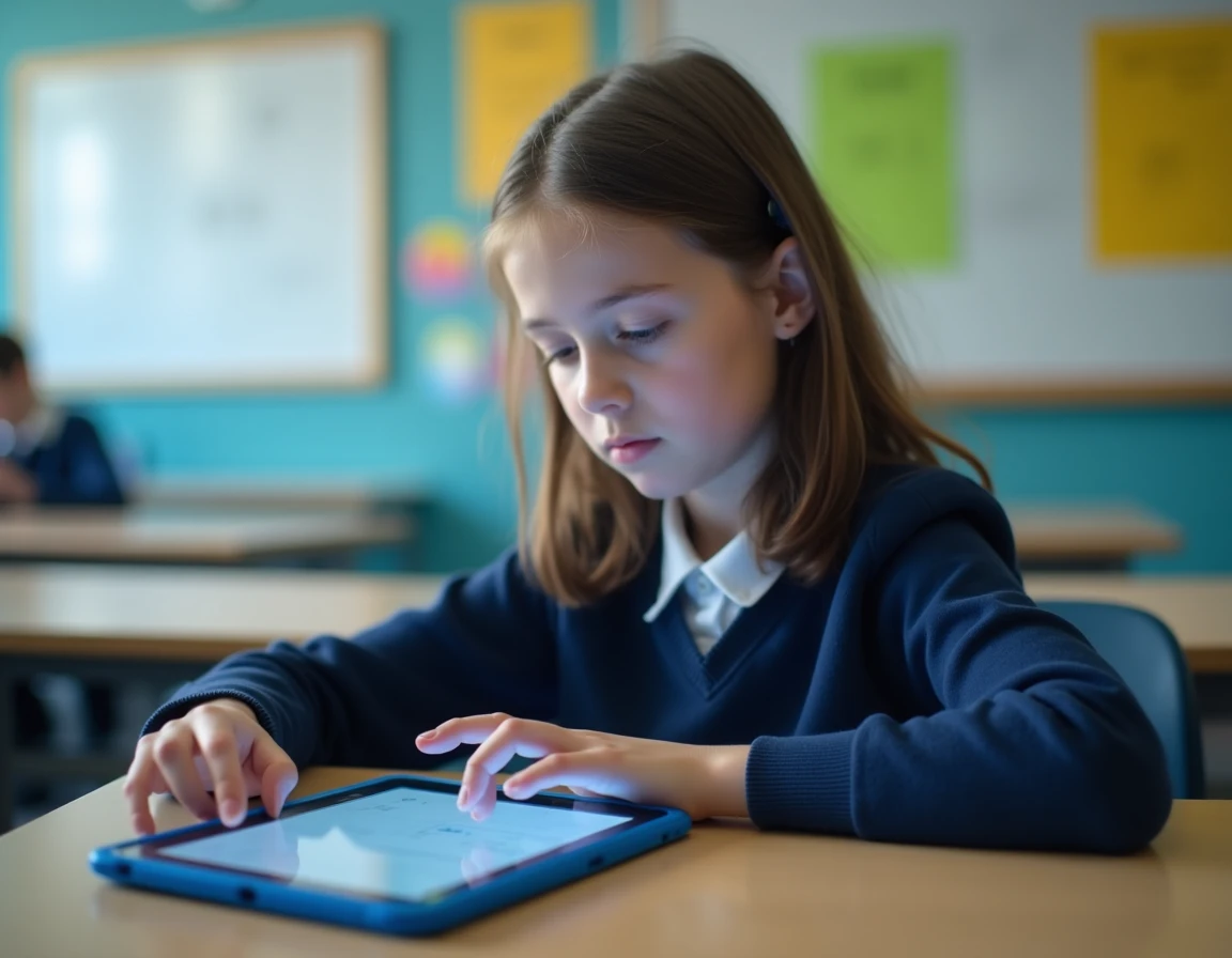 Élève de collège utilisant un agenda numérique sur tablette en classe, représentant le cahier de texte électronique dans le cadre scolaire moderne