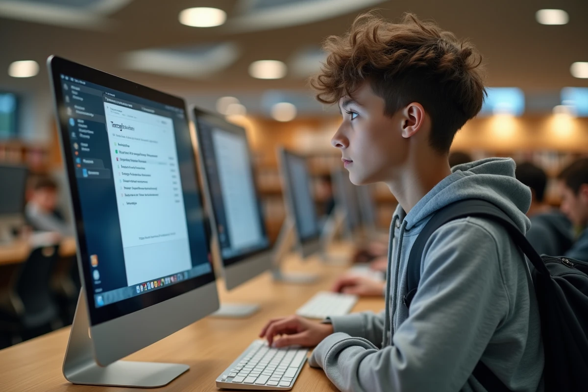 Élève lycéen réalisant un exercice PIX sur la réception de courrier électronique dans une bibliothèque scolaire