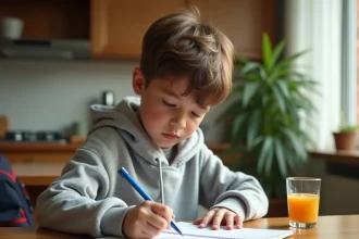 Enfant de 10 ans écrivant dans un cahier de texte papier à la table de la cuisine, illustrant l'utilisation du cahier de texte traditionnel à l'école primaire