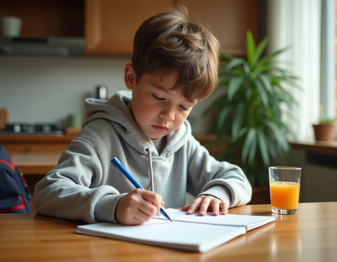 Enfant de 10 ans écrivant dans un cahier de texte papier à la table de la cuisine, illustrant l'utilisation du cahier de texte traditionnel à l'école primaire