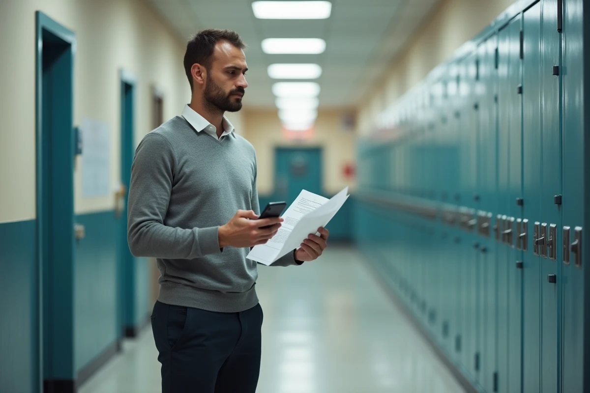Enseignant masculin vérifiant des informations Dsden 33 sur mobile dans un couloir scolaire