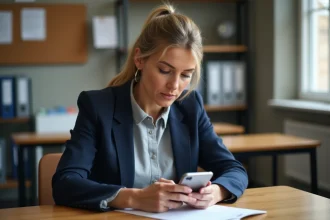 Enseignante consultant le portail Dsden 33 sur son smartphone dans une salle des professeurs