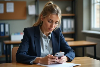 Enseignante consultant le portail Dsden 33 sur son smartphone dans une salle des professeurs