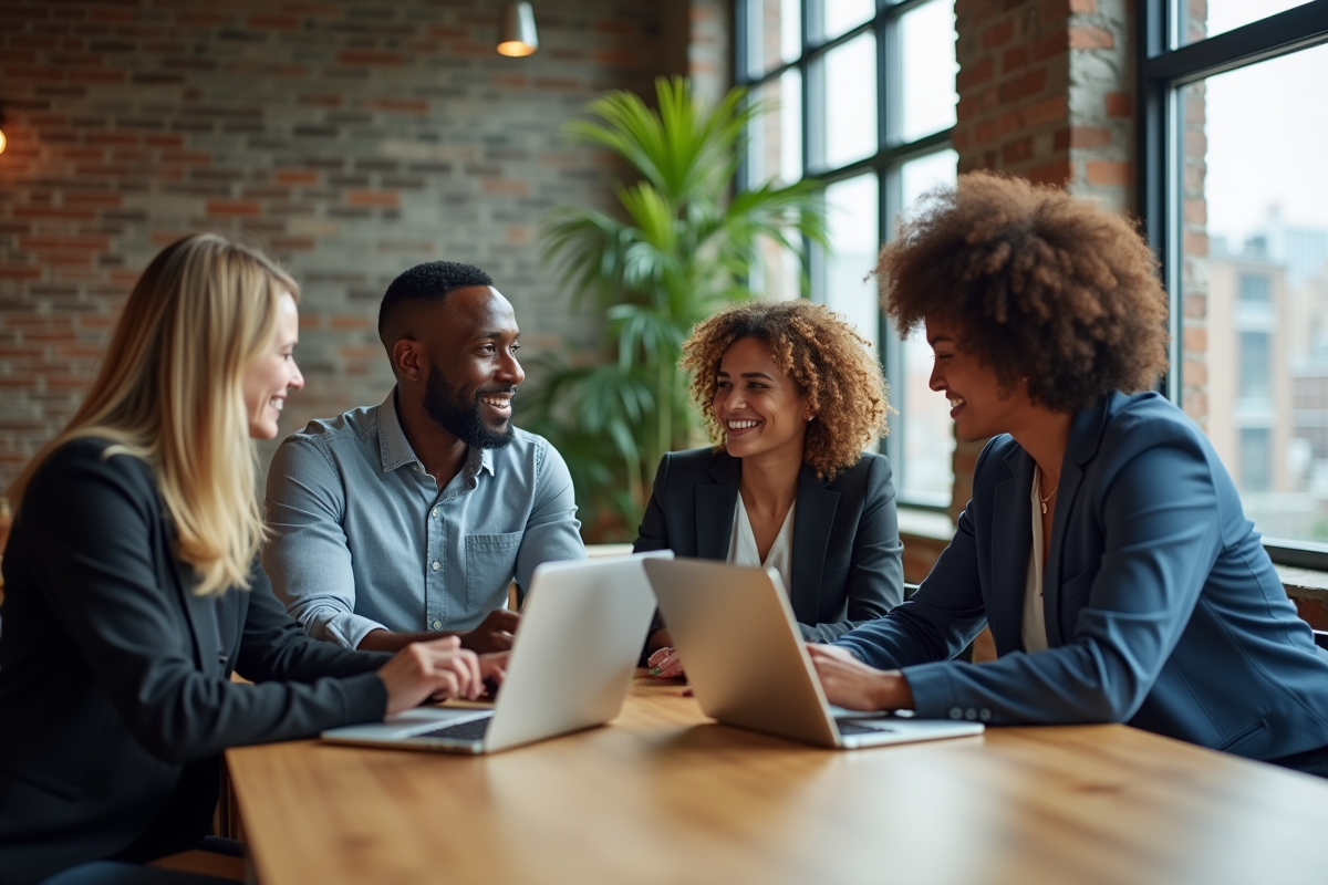 Groupe de quatre personnes collaborant dans un espace de coworking