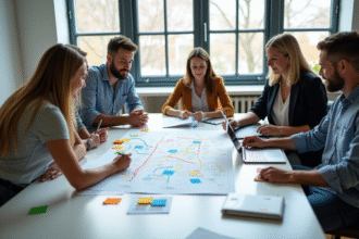 Groupe créatif collaborant autour d'une table dessinant une carte d'expérience