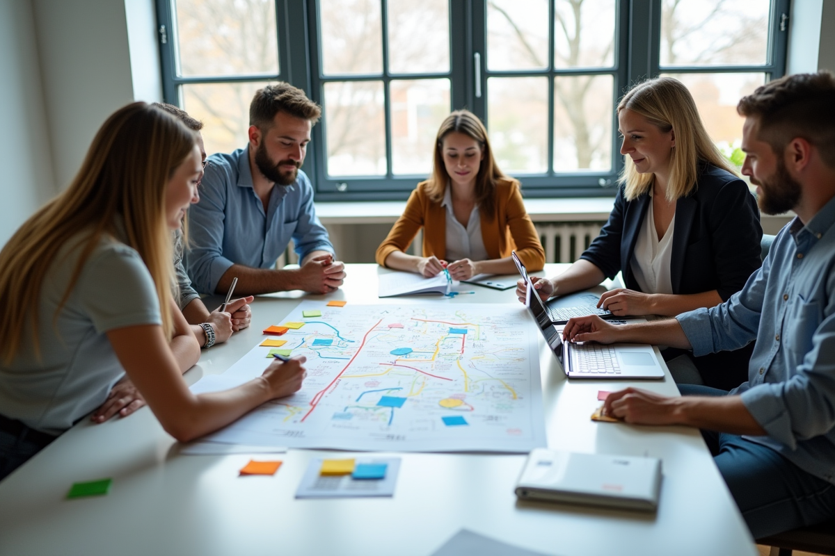 Groupe créatif collaborant autour d'une table dessinant une carte d'expérience
