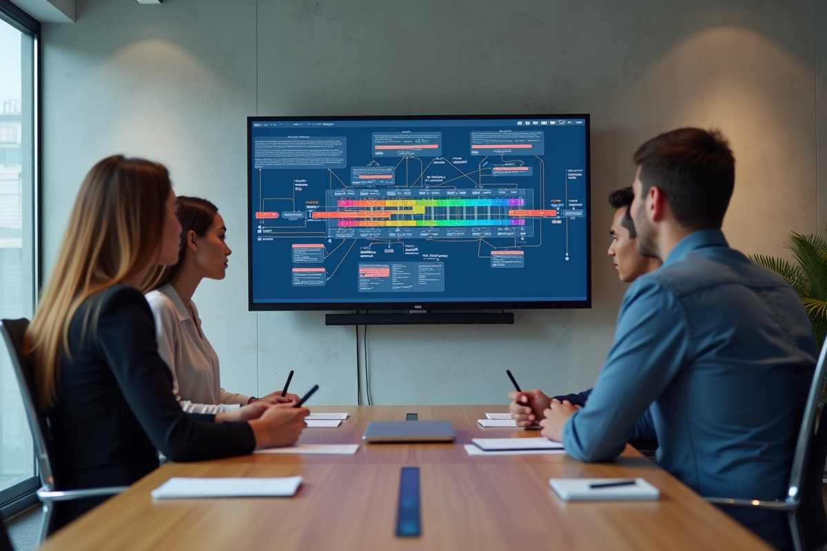 Equipe diverse analysant un diagramme ETL lors d