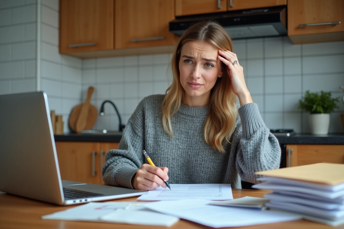 Femme frustrée entourée de courriers et formulaires administratifs lors d'un changement d'adresse