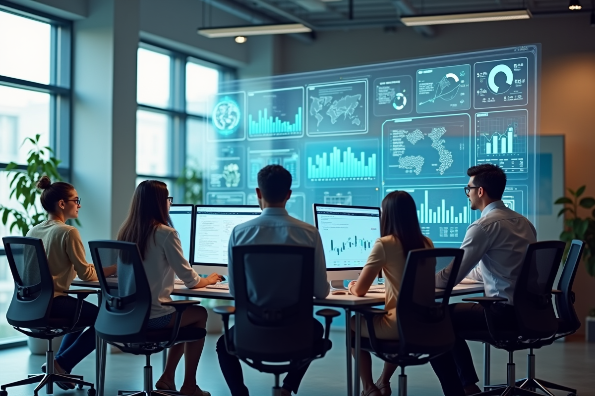 Espace de travail moderne avec employés collaborant et écrans holographiques