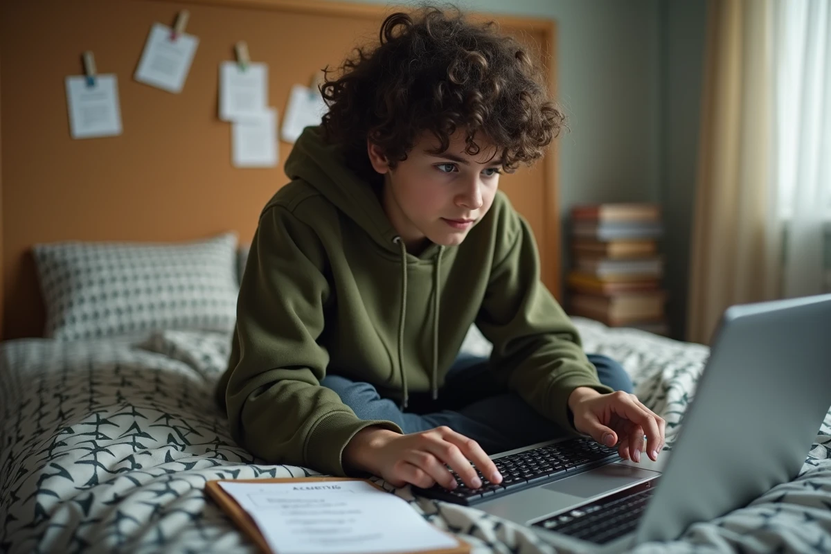 Étudiant avec une aide-mémoire pour taper l'arobase sur un clavier étranger connecté à un ordinateur portable