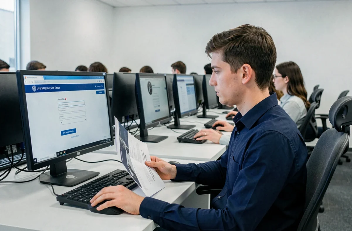 Étudiant consultant le guide de connexion au webmail universitaire dans une salle informatique de l'université de Nantes