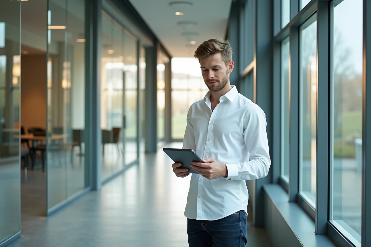 Étudiant consultant l'ENT de l'université de Montpellier sur une tablette dans un espace commun moderne du campus