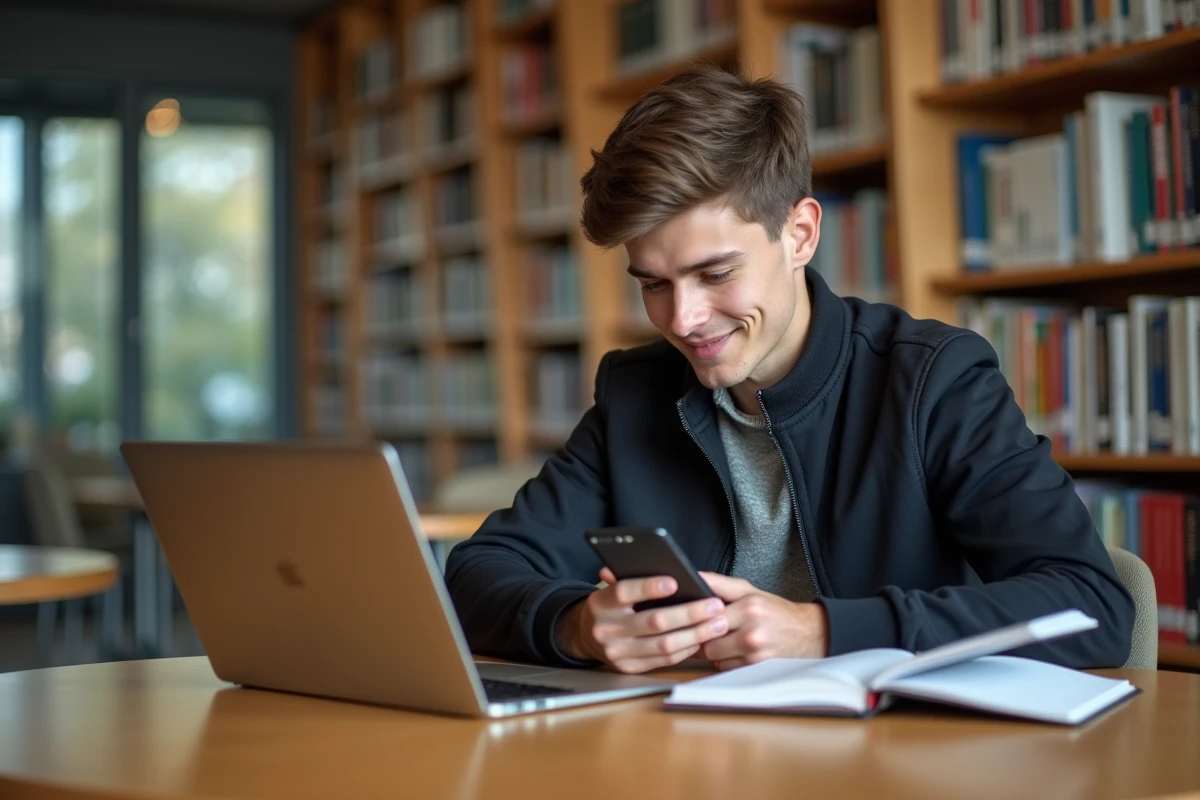 Étudiant assis à une table de bibliothèque avec smartphone et ordinateur portable