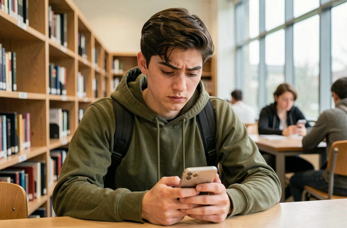 Étudiant en bibliothèque universitaire consultant son téléphone pour récupérer l'accès à son webmail académique oublié