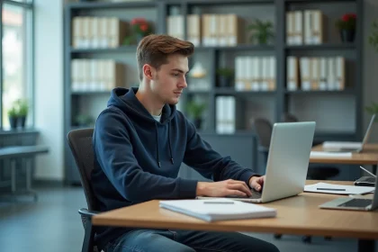 Jeune étudiant universitaire concentré sur son ordinateur à Grenoble