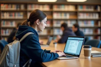 Étudiante utilisant sa messagerie académique mail.ac-montpellier.fr sur un ordinateur portable dans une bibliothèque universitaire