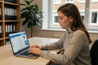 Étudiante organisant sa boîte mail Webmail Sogo sur un ordinateur portable dans un bureau universitaire