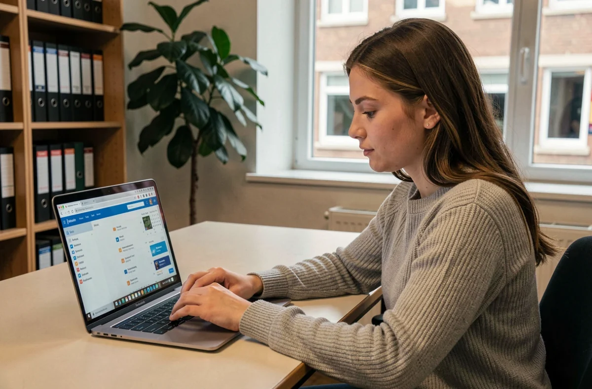 Étudiante organisant sa boîte mail Webmail Sogo sur un ordinateur portable dans un bureau universitaire