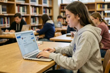 Étudiante utilisant le webmail de l'université de Nantes sur un ordinateur portable dans une bibliothèque universitaire